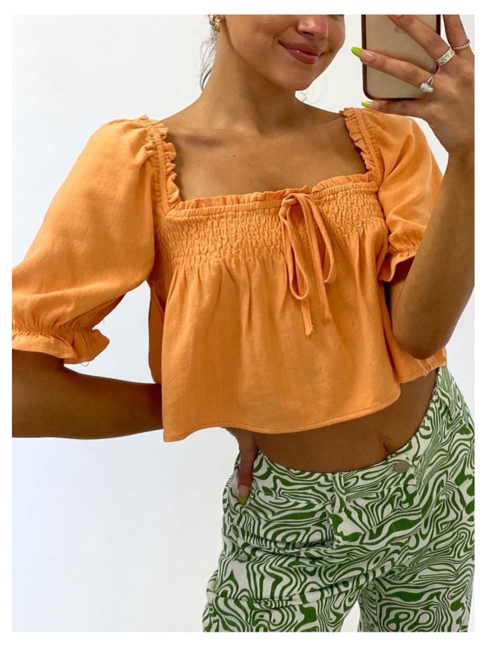 🟠NWT LE LIS Athena Linen Blend Puff Sleeve Front-Tie Crop Top in Orange